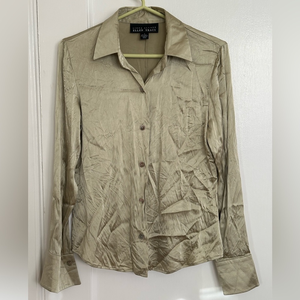 Eileen Fisher Taupe Shimmery Button-Front Long Sleeve Blouse